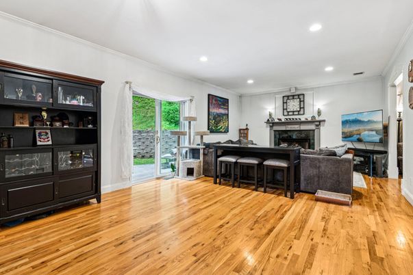 Fireplace, Interior, Living room, Recessed Lighting, Wood Texture Flooring
