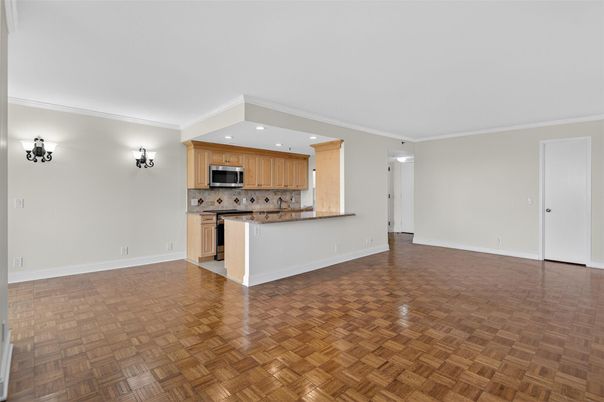 Empty room, Interior, Kitchen, Recessed Lighting, Wood Texture Flooring