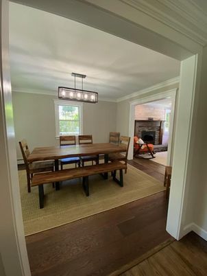 Dining room, Fireplace, Interior, Pendant Lights, Wood Texture Flooring