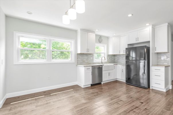 Interior, Kitchen, Pendant Lights, Recessed Lighting, Wood Texture Flooring