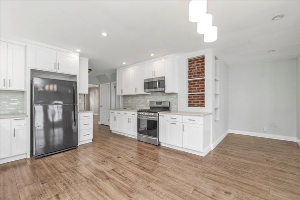 Interior, Kitchen, Recessed Lighting, Stainless Steel Appliances, Wood Texture Flooring