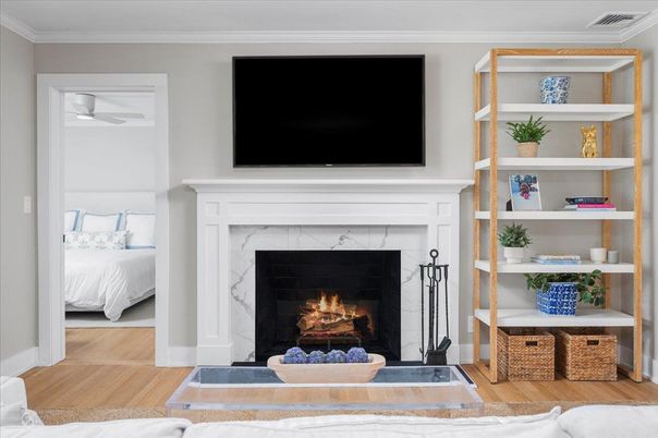 Bedroom, Fireplace, Interior, Wood Texture Flooring