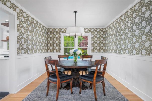 Dining room, Interior, Pendant Lights, Wood Texture Flooring