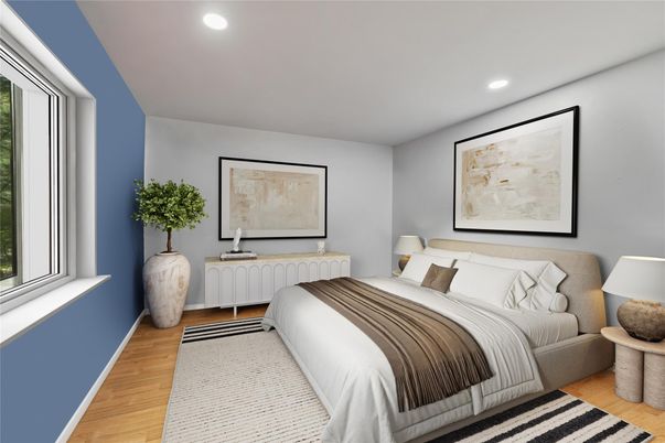 Bedroom, Interior, Recessed Lighting, Wood Texture Flooring