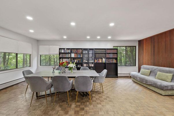 Dining room, Interior, Recessed Lighting, Wood Texture Flooring
