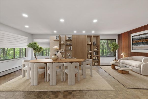 Dining room, Interior, Living room, Recessed Lighting, Wood Texture Flooring, Wooden Walls