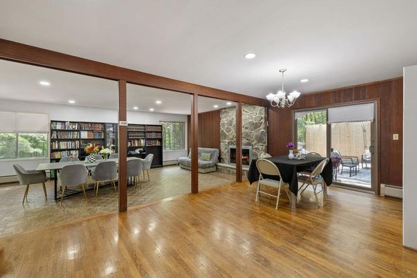 Chandelier, Dining room, Fireplace, Interior, Recessed Lighting, Wood Texture Flooring