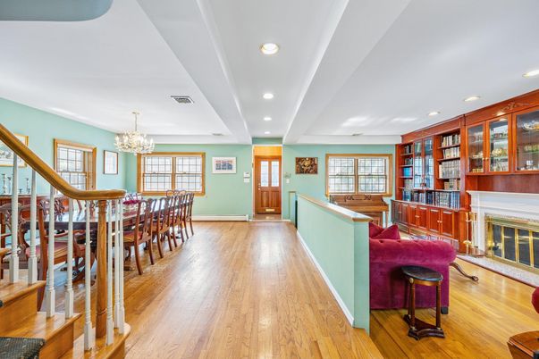 Chandelier, Dining room, Fireplace, Interior, Recessed Lighting, Wood Texture Flooring