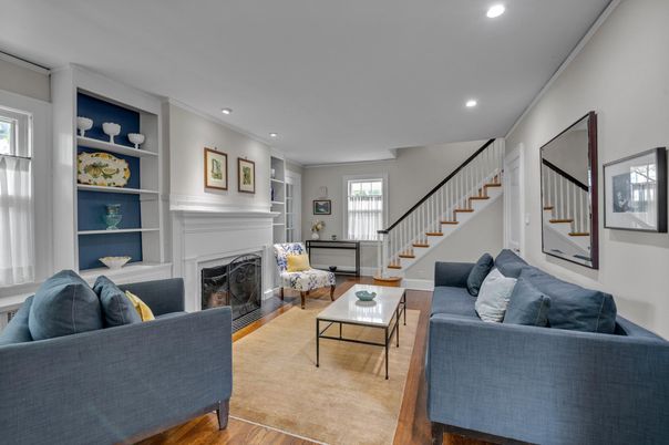 Fireplace, Interior, Living room, Recessed Lighting, Wood Texture Flooring