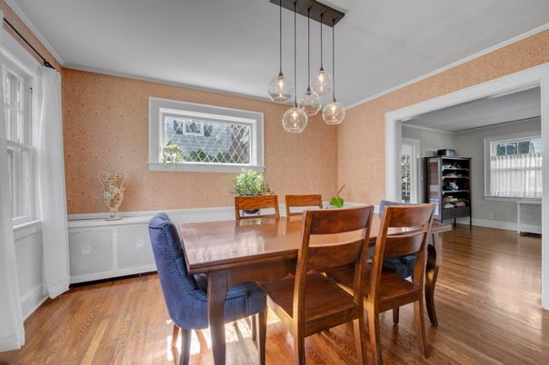 Dining room, Interior, Pendant Lights, Wood Texture Flooring