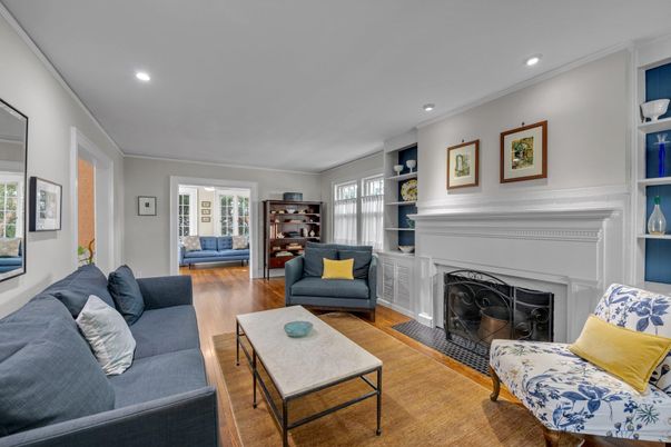 Fireplace, Interior, Living room, Recessed Lighting, Wood Texture Flooring