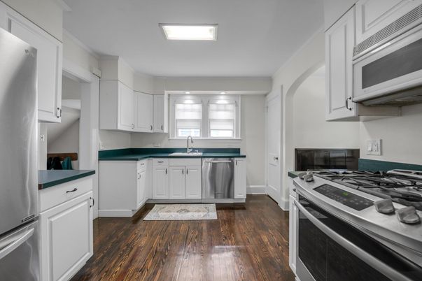 Interior, Kitchen, Recessed Lighting, Stainless Steel Appliances, Wood Texture Flooring