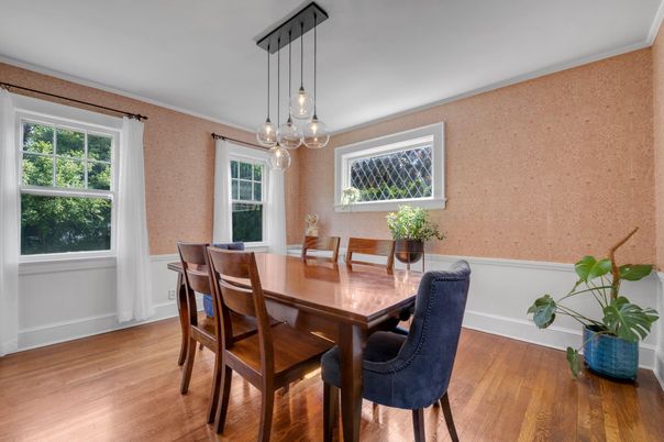 Dining room, Interior, Pendant Lights, Wood Texture Flooring