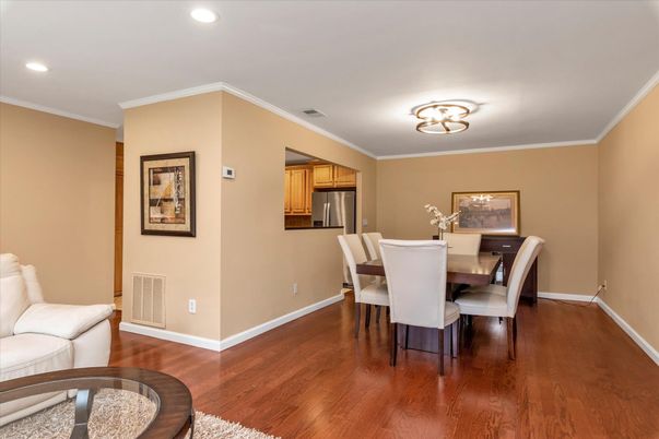 Dining room, Interior, Kitchen, Recessed Lighting, Stainless Steel Appliances, Wood Texture Flooring
