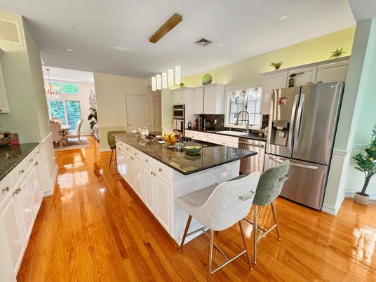 Dining room, Interior, Kitchen, Pendant Lights, Recessed Lighting, Stainless Steel Appliances, Wood Texture Flooring