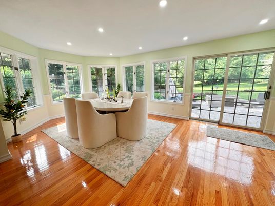 Dining room, Interior, Recessed Lighting, Wood Texture Flooring