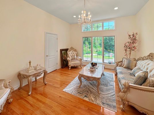Chandelier, Interior, Living room, Recessed Lighting, Wood Texture Flooring