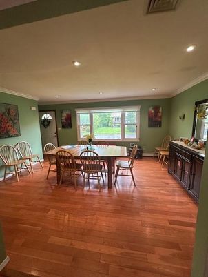 Dining room, Interior, Recessed Lighting, Wood Texture Flooring