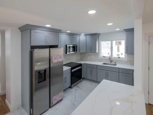 Interior, Kitchen, Marble, Recessed Lighting, Stainless Steel Appliances, Wood Texture Flooring