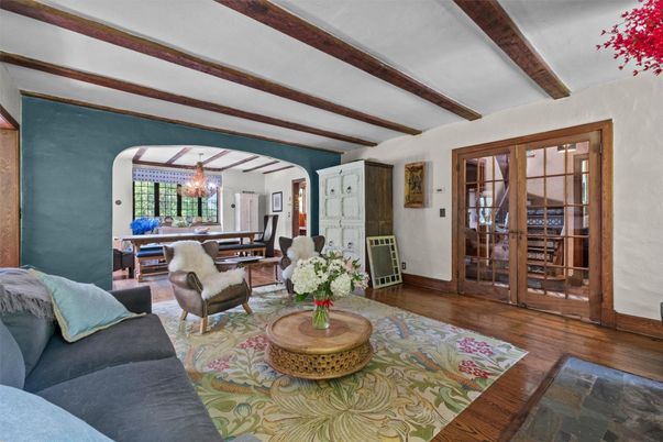 Chandelier, Dining room, Interior, Living room, Wooden Beams, Wood Texture Flooring