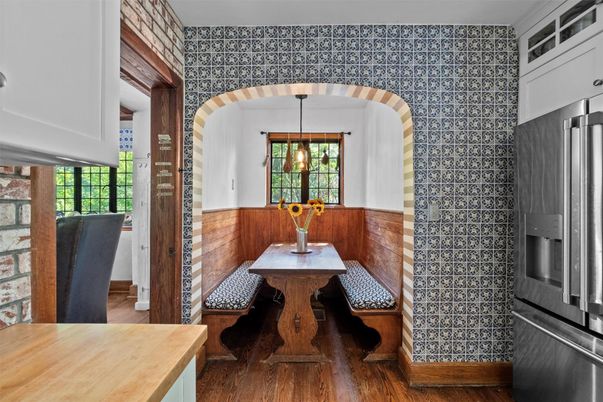 Dining room, Interior, Pendant Lights, Wood Texture Flooring
