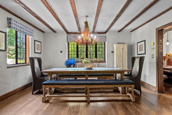 Chandelier, Dining room, Interior, Wooden Beams, Wood Texture Flooring