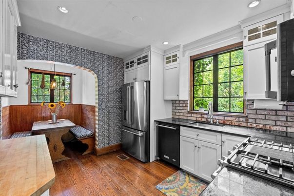 Interior, Kitchen, Pendant Lights, Recessed Lighting, Stainless Steel Appliances, Wood Texture Flooring