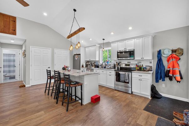 Interior, Kitchen, Pendant Lights, Recessed Lighting, Stainless Steel Appliances, Wood Texture Flooring