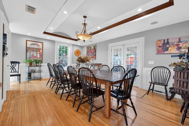 Dining room, Interior, Pendant Lights, Recessed Lighting, Wood Texture Flooring