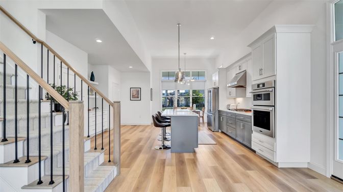 Interior, Kitchen, Pendant Lights, Recessed Lighting, Stainless Steel Appliances, Wood Texture Flooring
