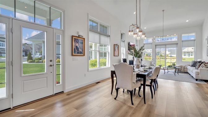 Dining room, Interior, Living room, Pendant Lights, Recessed Lighting, Wood Texture Flooring