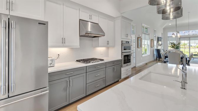 Dining room, Interior, Kitchen, Marble, Pendant Lights, Stainless Steel Appliances, Wood Texture Flooring