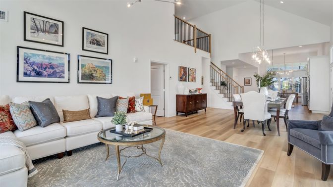 Dining room, Interior, Living room, Pendant Lights, Recessed Lighting, Wood Texture Flooring