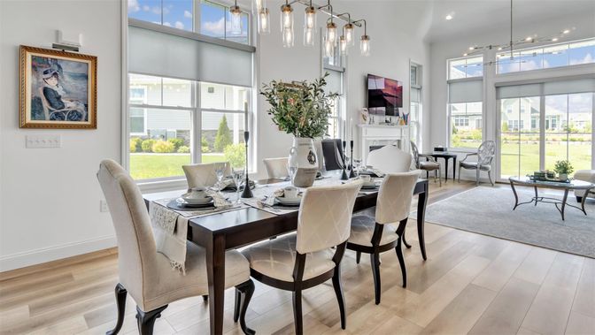 Dining room, Fireplace, Interior, Pendant Lights, Recessed Lighting, Wood Texture Flooring