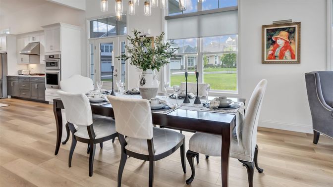 Dining room, Interior, Kitchen, Pendant Lights, Stainless Steel Appliances, Wood Texture Flooring