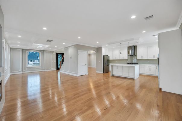 Empty room, Interior, Kitchen, Recessed Lighting, Wood Texture Flooring