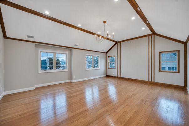 Empty room, Interior, Pendant Lights, Recessed Lighting, Wooden Beams, Wood Texture Flooring