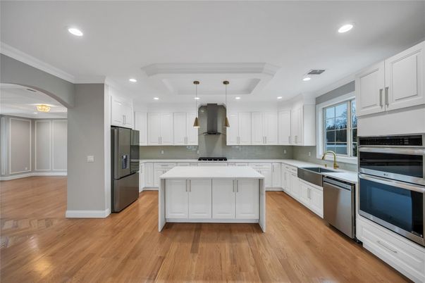 Interior, Kitchen, Pendant Lights, Recessed Lighting, Stainless Steel Appliances, Wood Texture Flooring