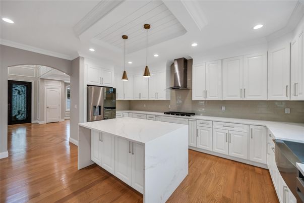 Interior, Kitchen, Pendant Lights, Recessed Lighting, Stainless Steel Appliances, Wood Texture Flooring