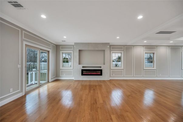 Empty room, Fireplace, Interior, Recessed Lighting, Wood Texture Flooring