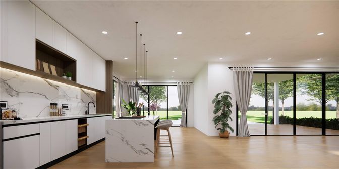Interior, Kitchen, Marble Walls, Pendant Lights, Recessed Lighting, Wood Texture Flooring
