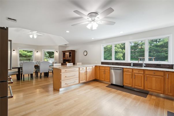 Dining room, Interior, Kitchen, Recessed Lighting, Wood Texture Flooring