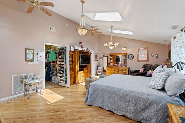 Bedroom, Chandelier, Interior, Wood Texture Flooring