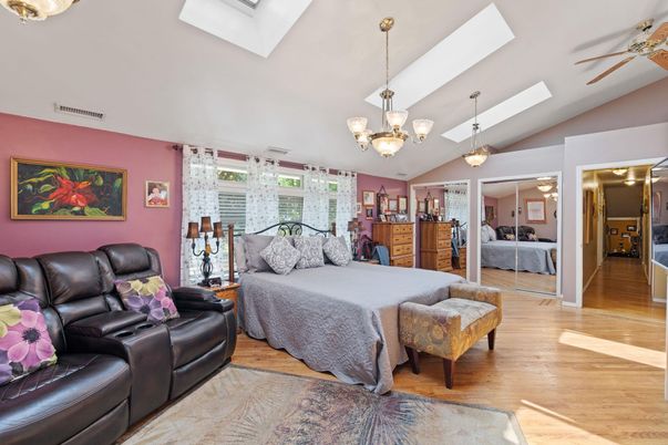 Bedroom, Chandelier, Interior, Wood Texture Flooring