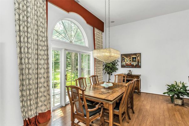 Chandelier, Dining room, Interior, Wood Texture Flooring
