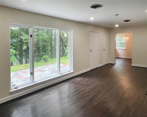 Empty room, Interior, Pendant Lights, Recessed Lighting, Wood Texture Flooring