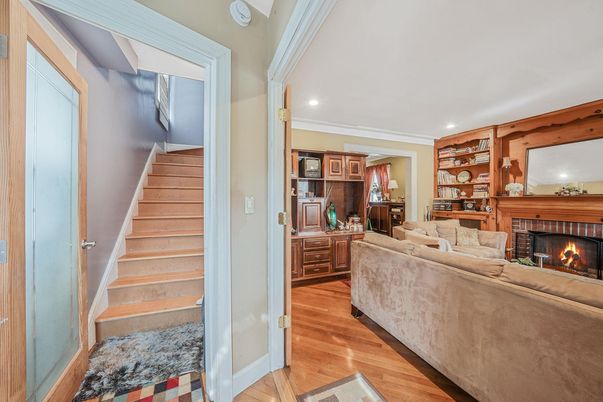 Fireplace, Interior, Living room, Recessed Lighting, Wood Texture Flooring