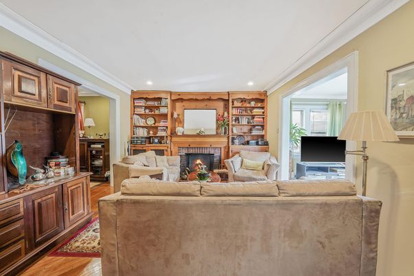 Fireplace, Interior, Living room, Recessed Lighting, Wood Texture Flooring