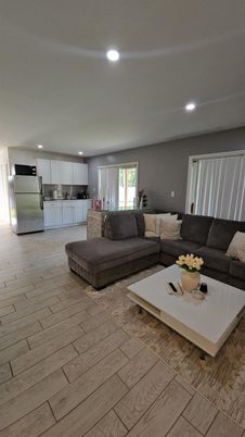 Interior, Kitchen, Living room, Recessed Lighting, Stainless Steel Appliances, Wood Texture Flooring