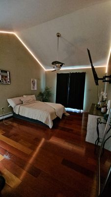Bedroom, Interior, Pendant Lights, Wood Texture Flooring